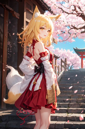 masterpiece, best quality, 1girl, yellow eyes, medium hair, stairs, cherry blossoms, temple, fox girl, detached sleeves, animal ears, happy, arms behind back,