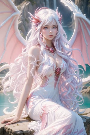 masterpiece, 1 girl, Extremely beautiful woman sitting at the edge of a lake with very large glowing dragon wings, glowing hair, long cascading hair, white hair, crimson dress with white skirt, dawn, full lips, hyperdetailed face, detailed eyes, dynamic pose, cinematic lighting, pastel colors, perfect hands, dragon girl, girl with dragon wings, dark fantasy