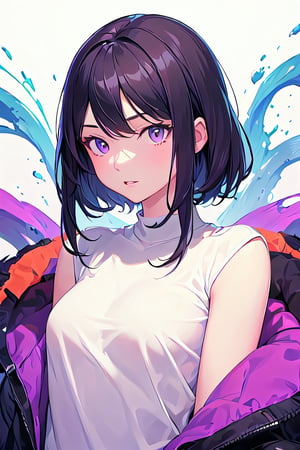 masterpiece, best quality, 1girl, upper body, shirt, black hair, purple eyes, abstract