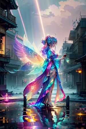 fine art masterclass splash spray trickle daubs of rainbow opaline Prisma Sakuraoil color,Steampunk celestial ethereal ghostly Fairy, HDR, ultra high-detail, centered, bokeh, lens flare, foggy dusk, bloom, light bloom, cinematic lighting, high dynamic range, depth of field, full body,