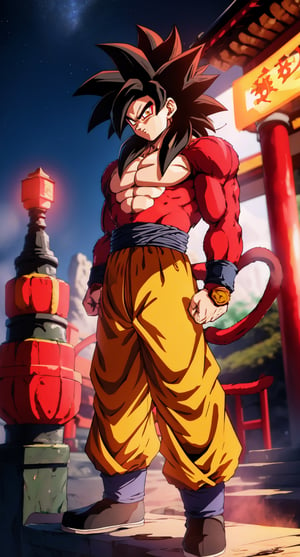 centered, solo, man, full body, standing, arms at sides, | aura, electricity, Super_Saiyan_4_Goku, 1boy, male focus, super saiyan, tail, wristband, pants, red fur, black hair, (looking at viewer), | china mountains, temple, | bokeh, depth of field,
