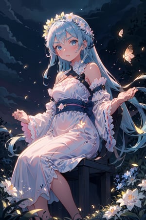 1girl, solo, blue eyes, dress, long hair, flower, looking at viewer, petals, wide sleeves, blue hair, sitting, head wreath, bangs, bare shoulders, pink flower, closed mouth, v-shaped eyebrows, detached sleeves, long sleeves, white dress, blurry, dutch angle, throne, breasts,firefliesfireflies,night sky