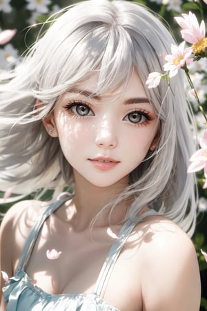(front lighting:1.5),(masterpiece, high resolution, realistic portrait:1.3), an anime woman with an ethereal presence, portraying a serene sisterly figure, (long silver-white hair:1.2), cascading down her back, (light pink lips:1.1), gentle and calm, bangs elegantly framing her face, (gray pupils:1.4), radiating a sense of wisdom, standing in a cold wind, (realistic portrayal:1.1), delicate petals dancing in the air, (flower background:1.2), adding a touch of beauty and fragility, (calm and rational expression:1.1), portraying her composed nature, (delicate and serene face:1.2), capturing her tranquility, mid-shot focusing on her delicate features, (subtle wind-blown strands of hair:1.1), (background music:1.2), evoking a sense of calmness and introspective, 