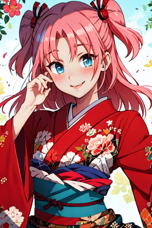 Masterpiece, best quality,looking at viewer blush smile blue eyes hair ornament 1boy bow pink hair hair bow male focus japanese clothes wide sleeves kimono two side up sash obi floral print otoko no ko crossdressing red kimono,HimeArikawa,long hair 