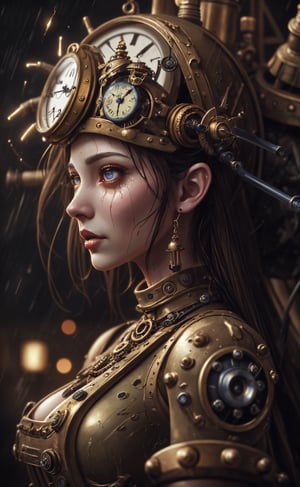 olpntng style, high quality steampunk portrait of the woman called Goddess Time with a clock for a head played by Sam Elliott, clock goggles, amazing background, by tomasz alen kopera and peter mohrbacher, dripping sparks, rain, sharp focus, clear, vibrant, denoised, intricately detailed, amazing clock, 32k, steampunk clock render engine, oil painting, heavy strokes, paint dripping,HZ Steampunk,dashataran,3d style,perfecteyes,mecha