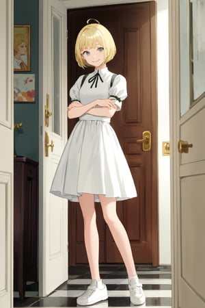 1girl, solo, smile, short hair, blonde hair, dress, closed mouth, standing, shoes, indoors, white footwear, own hands together, door