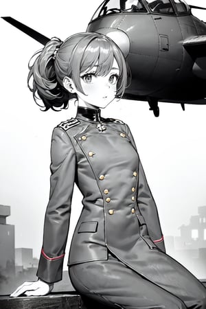 (super detailed), (beautiful background, detailed background),1girl, (Chignon Hair) ,small breasts, monochrome, greyscale, female focus, (military general uniform), sitting, war,manly,holding , light ,WW, aviation ,Uniform