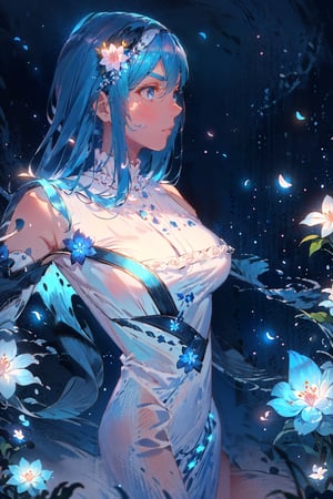 1girl, solo, blue eyes, dress, long hair, flower, looking at viewer, petals, wide sleeves, blue hair, sitting, head wreath, bangs, bare shoulders, pink flower, closed mouth, v-shaped eyebrows, detached sleeves, long sleeves, white dress, blurry, dutch angle, throne, breasts,firefliesfireflies,night sky