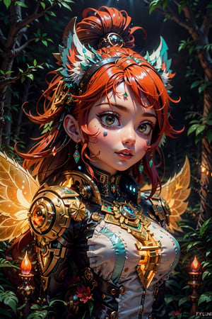 a ginger Huntress detailed, symmetric, luminism, dark shot, a dark night magical forest atmosphere, octane render, a fairy dust, a bioluminescence, a purity, detailed face, night, maximalism, rococo, global illumination, luminism, detailed, intricate, fractal details, hyperdetailed, a cloths soaked in a brightly shining led fairy dust, warm colors, intricate details, volumetric, glaring eyes, ultra closeup,fantchar,mecha musume