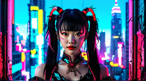 score_9, score_8_up, score_7_up, source_cartoon,jzj, She has long pink twintails and parted bangs. forehead, She is wearing a red and black gothic dress. She has oni horns. The background includes a cyberpunk cityscape visible through a cracked window. Neon glows and deep shadows. Created Using, cyberpunk style, high contrast, vibrant neon colors, sleek design,