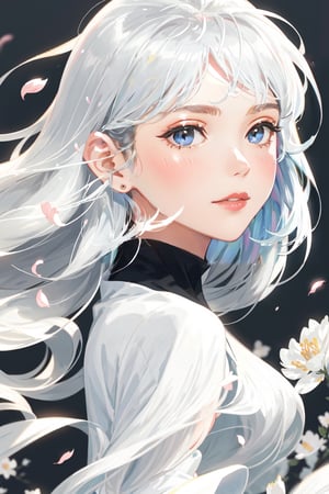 (front lighting:1.5),(masterpiece, high resolution, realistic portrait:1.3), an anime woman with an ethereal presence, portraying a serene sisterly figure, (long silver-white hair:1.2), cascading down her back, (light pink lips:1.1), gentle and calm, bangs elegantly framing her face, (gray pupils:1.4), radiating a sense of wisdom, standing in a cold wind, (realistic portrayal:1.1), delicate petals dancing in the air, (flower background:1.2), adding a touch of beauty and fragility, (calm and rational expression:1.1), portraying her composed nature, (delicate and serene face:1.2), capturing her tranquility, mid-shot focusing on her delicate features, (subtle wind-blown strands of hair:1.1), (background music:1.2), evoking a sense of calmness and introspective, light