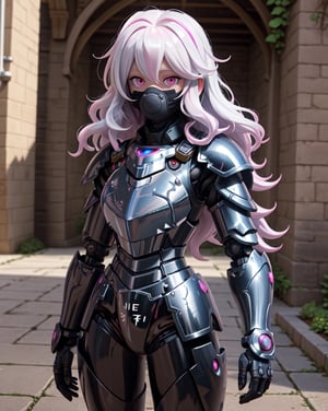 centered, (upper body:1.5), award winning, (detailed face), (beautiful detailed eyes:1.2), (bright eyes:1.2), (aura:1.1), | solo, female knight, Curly Hair, white hair color, {color pink eyes}, (tight black knight armor), (iron plate mouth mask:1.2), | symmetrical and detailed armor, | garden flowersmedieval style fantasy city background on European street, | bokeh, depth of field, | hyper-realistic shadows, soft and detailed background, blurred,mecha musume,mechanical parts,full armor