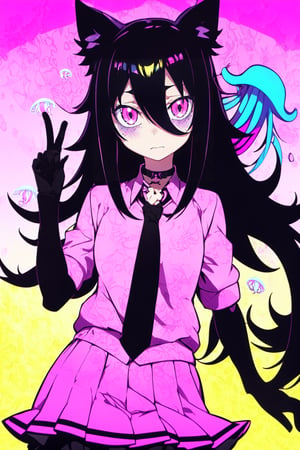 black gloves, (neon pink jellyfish background), fox mask, choker,hair over in one eye,tomoko, hair over one eye, bags under eyes,black hair, school uniform, black pantyhose, red necktie, yellow skirt, pleated skirt,yellow jacket