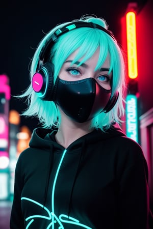 (frontal view, facing viewer:1.2), centered, masterpiece, face portrait, | 1girl, solo, aqua hair color, short hairstyle, light blue eyes, | (neon wireless headphones headset:1.2), (black neon futuristic mouth mask:1.2), dark blue hoodie, | futuristic city lights, sunset, buildings, urban scenery, neon lights | bokeh, depth of field,3d