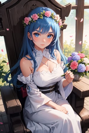1girl, solo, blue eyes, dress, long hair, flower, looking at viewer, petals, wide sleeves, blue hair, sitting, head wreath, bangs, bare shoulders, pink flower, closed mouth, v-shaped eyebrows, detached sleeves, long sleeves, white dress, blurry, dutch angle, throne, breasts