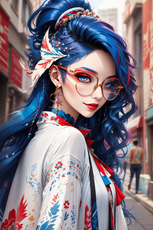 "Imagine a striking sketch of a woman with long hair styled in shades of blue, red, and white. Her vibrant blue hair flows elegantly, interspersed with bold streaks of red and white that cascade down her shoulders. She wears stylish glasses that frame her face, accentuating her intelligent and composed expression. The colors of her hair symbolize a blend of creativity, strength, and individuality, echoing her confident demeanor. Capture the harmonious balance between her distinctive hairstyle and the sophisticated allure of her eyewear, portraying a modern and empowered woman embracing her unique style."