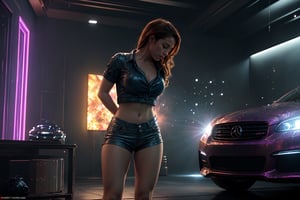 masterpiece, best quality, highly detailed background, perfect lighting, Cute brunette works as a car mechanic, short shorts, shirt, big elastic hips, looks under the hood, professional photo, side view, bent over, (Extremely Detailed Oil Painting:1.2), glow effects, godrays, Hand drawn, render, 8k, octane render, cinema 4d, blender, dark, atmospheric 4k ultra detailed, cinematic sensual, Sharp focus, humorous illustration, big depth of field, Masterpiece, colors, 3d octane render, 4k, concept art, trending on artstation, hyperrealistic, Vivid colors, extremely detailed CG unity 8k wallpaper, trending on ArtStation, trending on CGSociety, Intricate, High Detail, dramatic