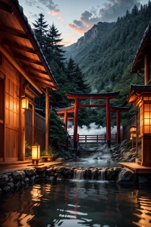 landscape, japan traditional hot onsen, dawn, dim light, detail, realistic, ((masterpiece)), hot steam, torii, wooden bucket, forest, bamboo, 