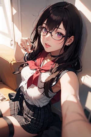 (super detailed), (beautiful background, detailed background),1girl, solo, glasses, skirt, long hair, looking at viewer, plaid skirt, plaid, sitting, parted lips, selfie, choker, lips, pink skirt, breasts, brown hair, thigh strap, couch, reaching towards viewer light,JAR