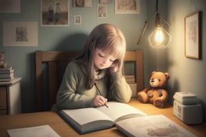 A heartwarming and nostalgic illustration of an anime girl studying in a cozy attic room, a vintage lamp casting a warm glow, old family photos pinned to the walls, a worn-out teddy bear as her study companion, outside, gentle snowflakes gently falling, creating a sense of comfort and tranquility, Illustration, pastel drawing on canvas, --ar 16:9 --v 5