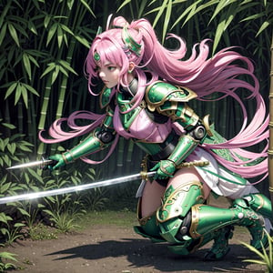 (Masterpiece,high definition, best quality, superior quality, intricate details, beautiful aesthetic:1.2),high quality, 8k, raw, ultra details, extremely detailed and beautiful,A fierce samurai warrior maiden wields a glowing pink katana as she battles an ancient green dragon amidst a magical misty bamboo forest, ribbons and leaves swirling around her. Dynamic action pose, flowing pink and green fabrics, neon lighting, intricate armor details. Japanese fantasy landscape. 8K HD,Girl Facing Dragon,Back to camera,Lens hyperopia,mecha musume,mecha parts,robot,gundam