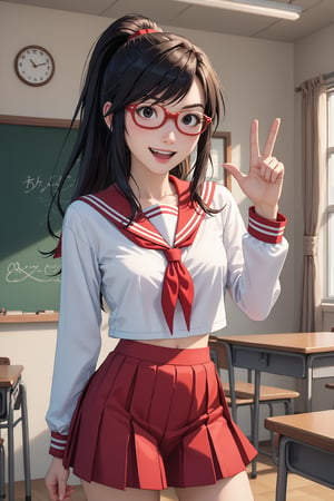 AniVerse, score_9,score_8_up,score_7_up, BREAK Rika_Yoshitake, 1girl, solo, long hair, black hair, ponytail, glasses, black eyes, sidelocks ,red-rimmed glasses, medium-rimmed glasses, bottom-rimmed glasses BREAK ((Expression of happiness)) , (closed mouth) ,red sailor collar ,red skirt, sailor collar, scared, school uniform, skirt ,underwear , sexually suggestive, contraposto, Background , school classroom Smile: an upward curve of the lips. - Bright eyes: eyes may appear brighter and more alive. - Relaxed eyebrows: eyebrows may be relaxed and not furrowed. - Rosy cheeks: the cheeks may have a slight reddening. - Open posture: posture may be more open and expansive. - Animated gestures: gestures may be more animated and expressive. - Laughter: happiness is often expressed through laughter