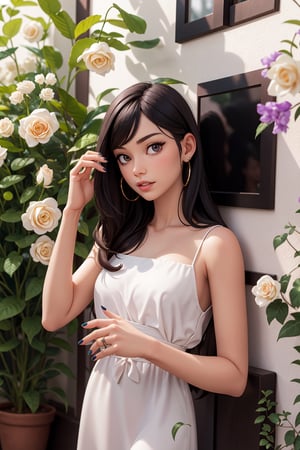1girl, solo, long hair, looking at viewer, black hair, dress, jewelry, flower, nail polish, black dress, lips, ring, plant, realistic,rose colour white 