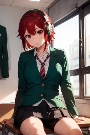 Red hair,a girl sitting at her desk alone studying, headphones on in a darkened room, lit by candles, tomo aizawa, short hair, (red eyes:1.3), hair between eyes, red hair,school uniform, jacket, white shirt, pleated skirt, necktie, striped, black skirt, blazer, red necktie, school bag, green jacket, striped necktie, (green blazer:1.5), bike shorts