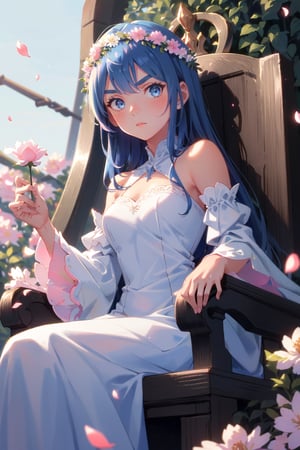 1girl, solo, blue eyes, dress, long hair, flower, looking at viewer, petals, wide sleeves, blue hair, sitting, head wreath, bangs, bare shoulders, pink flower, closed mouth, v-shaped eyebrows, detached sleeves, long sleeves, white dress, blurry, dutch angle, throne, breasts