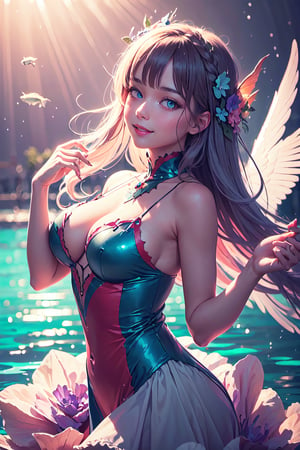 woman, flower dress, colorful, fish background, fish armor, long hair, curvaceous body, flower Wings, purple eyes, smile, dancing, angelic fishes swims in the air, overlooking, horror style, area lighting, purple theme, exposure blend, full shot, bokeh, (hdr:1.4), high contrast, (cinematic, teal and orange:0.85), (muted colors, dim colors, soothing tones:1.3), low saturation,