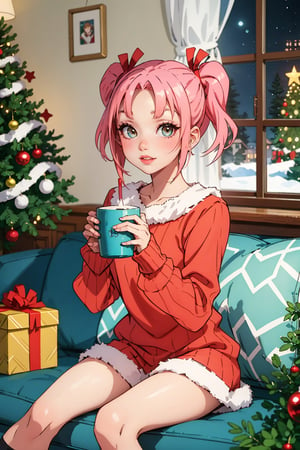 masterpiece, best quality, maidane, twin braids, bobcut, red sweater, fur pants, smile, sofa, night, interior, fireplace, looking at viewer, painting, bobcut, christmas tree, christmas lights, window, at night, view from a mountain, completely snowy, drinking hot chocolate,long hair,blue eyes,1boy,bow,ribbon,ribbon,pigtails,headband,pink hair,male focus,wariza,otoko no ko,HimeArikawa
