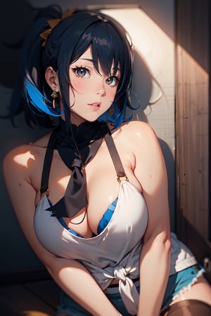 (super detailed), (beautiful background, detailed background),1girl, breasts, solo, cleavage, large breasts, earrings, jewelry, shorts, brown eyes, looking at viewer, black hair, lips, sitting, multicolored hair, short shorts, ponytail, blue hair, realistic, streaked hair, camisole, blue shorts