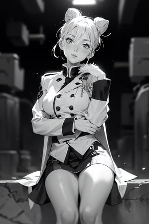 (super detailed), (beautiful background, detailed background),1girl, Bun Hair ,small breasts, monochrome, greyscale, female focus, (military general uniform), sitting, war,manly,holding , light 