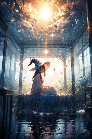 (super detailed), (beautiful background, detailed background),a girl sitting under an umbrella in the rain, pixiv contest winner, conceptual art, witch runes in the deep forest, with big rabbit ears, blue witch hat, ƒ/5.6,High detailed ,More Exposure,Her face and body seem illuminated from within, radiating an exceptional luminosity and a singular purity. Her skin seems to glow with a soft, warm light, without the presence of any dark marks or shadows that might cloud her natural beauty. Every feature of her face reflects an incomparable peace and serenity, as if bathed in a heavenly light that envelops her in an aura of tranquility and harmony. His presence radiates a sense of cleanliness and clarity, as if he were free of any weight or worry, manifesting himself as a luminous and radiant being in his totality.,perfect light,dream like