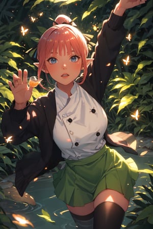 Masterpiece, best quality, (very detailed CG unified 8k wallpaper), (best quality), (best illustration), (best shadow), glowing elf with a glowing deer, drinking water in the pool, natural elements in forest theme. Mysterious forest, beautiful forest, nature, surrounded by flowers, delicate leaves and branches surrounded by fireflies (natural elements), (jungle theme), (leaves), (branches), (fireflies), (particle effects) and other 3D, Octane rendering, ray tracing, super detailed --v6, deer, 
,nn1, 1girl, hair ribbon, short hair, green skirt, white shirt, black cardigan, open clothes, white thighhighs, long sleeves

nn1, nakano nino, 1girl, hair ribbon, short hair, ponytail, chef uniform, chef, white shirt, black skirt
, long sleeves,