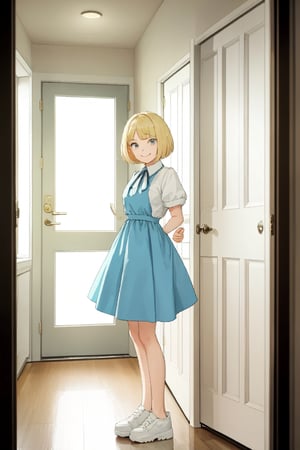 1girl, solo, smile, short hair, blonde hair, dress, closed mouth, standing, shoes, indoors, white footwear, own hands together, door