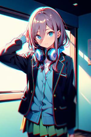 ,`detailed cg, anime picture, shiny hair and skin, chromatic aberration, transparent background, depth of field, colorful ,cinematic light, soft lighting, glowing skin, lighting`,(school uniform + jacket)

nm1, headphones around neck, school uniform, long sleeves, blue cardigan, green skirt, pantyhose, black jacket, open jacket