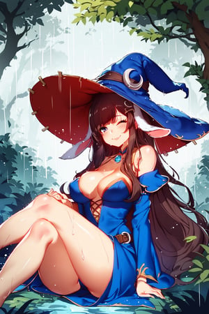 score_9, score_8_up, score_7_up, source_cartoon,bhb,(jzj:0.8) ,,a girl sitting under an umbrella in the rain, pixiv contest winner, conceptual art, witch runes in the deep forest, with big rabbit ears, blue witch hat,