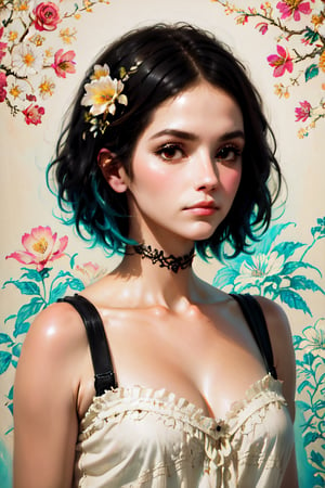 a woman, short black hair, shabby chic wallpaper, vintage paper, faded ink splash, flower drawing, whimsical, sharp focus, contour, intricately detailed, unreal engine, fantastical, complementary colors, oil painting, heavy strokes, paint dripping, dreamy, highly realistic, fantasy concept art, 16k resolution, HW*