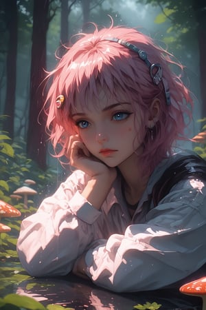 score_9, score_8_up, score_7_up BREAK mushroom, 1girl, solo, rain, lying, nature, on stomach, forest, outdoors, short hair, tree, blurry, reflection, long sleeves, depth of field, pink hair, blue eyes, water, hairclip, looking down, hair ornament BREAK Pg_style,Magic Style BREAK. full body , full shot 