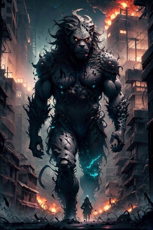  create a lion humanoid monster walking in burning city, strong, terrifying , bloodlust,futuristic vibe.,scary, dark colours , perfect lighting..high detailed, sharp focus,more detail XL,monster,Style_SM,fantasy00d