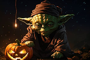 masterpiece, best quality, highly detailed background, perfect lightingbest quality (your message), space, goblin,(star wars) ,High detailed ,More Detail,SateleShan,ShinHait,star wars,yoda,Jack o 'Lantern