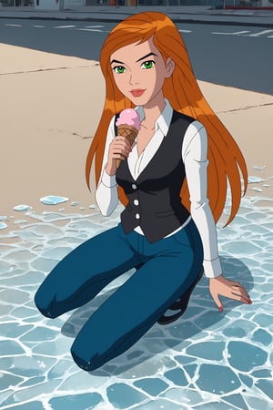 score_9, score_8_up, score_7_up, source_anime,jkj,1girl,Gwenalienforce,green eyes, long hair, orange hair,Black eyebrows, toothy smile, full body 
break 
Shiny skin, glossy skin, detailed skin, shiny, glossy hair, day.,
Break 
holding,ice cream,lips,red shirt, long sleeves,black vest, pants,background ice landscapes, 🍨,