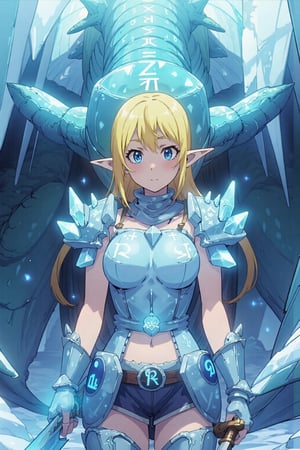 Cowboy shot, break ,Tuka_Luna ,woman ,blonde hair, solo, blue eyes, long hair, pointy ears, elf, Break, 
A woman surrounded by a majestic ice dragon. Her body is covered with ice armor that is organically formed, and she holds an ice sword in her hand. On its stomach, blue runes glow that seem to have magical power. The scene is a mix of fantasy and action, style that emphasizes the girl's heroics. The ice dragon in the background adds a touch of drama and danger to the image
