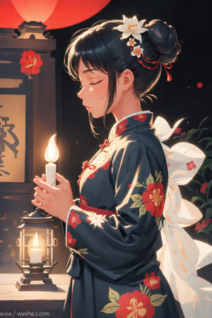 Light adjustment,Masterpiece, best quality,ultra detailed, ,((face illuminated )),1girl, praying, watermark, chinese clothes, closed eyes, black hair, solo, web address, own hands together, profile, flower, hair ornament, lantern, candle, long sleeves, architecture, hair bun, statue, hair flower, realistic, indoors, from side, dress, blurry, single hair bun, paper lantern, floral print, upper body
