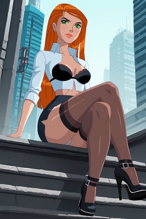 score_9, score_8_up, score_7_up, source_cartoon ,jkj,1girl,Gwenalienforce,green eyes, solo, long hair, orange hair,Black eyebrows, crossed legs,toothy smile,rating_Questionable
Break
Close-up photograph, seated, cross-legged
break
Shiny skin, glossy skin, detailed skin, shiny, glossy hair, day.,
Break 
highly detailed, best quality, masterpiece, multiple layers,wide angle, full-body shot, full body portrait, ginger hair, very long hair, wide hips, thick thighs, parody, microskirt. very short pencil skirt, fetish platform heels, goth girl, goth, garters straps,    , skirt, miniskirt, microskirt, thighhighs, panties, bra, lingerie, shirt, tears,beautiful neon city, cyberpunk background city,cyberpunk city view out of the window,neon light,cramped bedroom