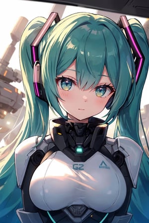 cgmech, beautiful eyes, upper body, underboob,  portrait, robot, armor, Hatsune Miku, neon light, 8K, RAW, best quality, masterpiece, ultra high res, colorful, (medium wide shot), (dynamic perspective), sharp focus , (depth of field, bokeh:1.3), extremely detailed eyes and face, beautiful detailed eyes,large breasts,(black gold, trimmed gear:1.2),(In a futuristic weapons factory:1.2), ((masterpiece, best quality)),  Detailed background, spaceship interior  