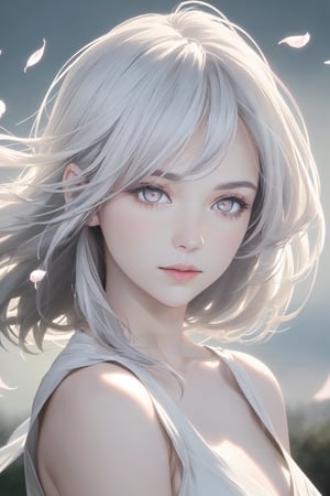 (masterpiece, high resolution, realistic portrait:1.3), an anime woman with an ethereal presence, portraying a serene sisterly figure, (long silver-white hair:1.2), cascading down her back, (light pink lips:1.1), gentle and calm, bangs elegantly framing her face, (gray pupils:1.4), radiating a sense of wisdom, standing in a cold wind, (realistic portrayal:1.1), delicate petals dancing in the air, (flower background:1.2), adding a touch of beauty and fragility, (calm and rational expression:1.1), portraying her composed nature, (delicate and serene face:1.2), capturing her tranquility, mid-shot focusing on her delicate features, (subtle wind-blown strands of hair:1.1), (background music:1.2), evoking a sense of calmness and introspection..Spotlights, Volumetric lighting, soft lighting,hard lighting ,front lighting sun ,(view sun)