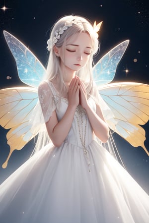 ( 26 year old woman) white long hair, pale skin, foxy golden  eyes,  horror style, white fairy dress, butterfly wings, glitter, dusk, shadows, lights, fantasy background, praying position, closed eyes

( 26 year old woman) white long hair, pale skin, foxy golden  eyes,  horror style, white fairy dress, butterfly wings, glitter, dusk, shadows, lights, fantasy background, praying position