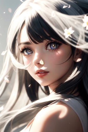 (front lighting:1.5),(masterpiece, high resolution, realistic portrait:1.3), an anime woman with an ethereal presence, portraying a serene sisterly figure, (long silver-white hair:1.2), cascading down her back, (light pink lips:1.1), gentle and calm, bangs elegantly framing her face, (gray pupils:1.4), radiating a sense of wisdom, standing in a cold wind, (realistic portrayal:1.1), delicate petals dancing in the air, (flower background:1.2), adding a touch of beauty and fragility, (calm and rational expression:1.1), portraying her composed nature, (delicate and serene face:1.2), capturing her tranquility, mid-shot focusing on her delicate features, (subtle wind-blown strands of hair:1.1), (background music:1.2), evoking a sense of calmness and introspection..Spotlights, Volumetric lighting, soft lighting,hard lighting ,front lighting sun ,(view sun)